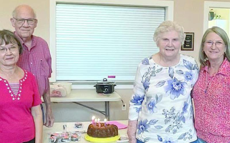 Birth day celebrants – (from left) Betty Danner, Phyllis Teykl, Tom Teykl, Georgia Vyvial, Vera Wehring and Carolyn Surface.