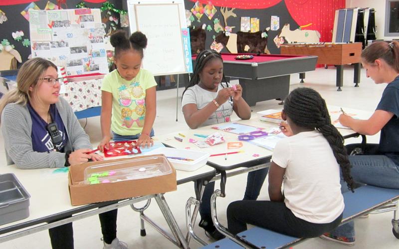 Clyde W. Cosper Texas State Veterans Home in Bonham  – BGCCV staffer Edith Montemayor (left), member Layla Thomas (standing), member Elizabeth Williams (back right), Liberty Killion (front right) and member Ariann Wright (front left) participated in decorating appreciation cards for veterans.