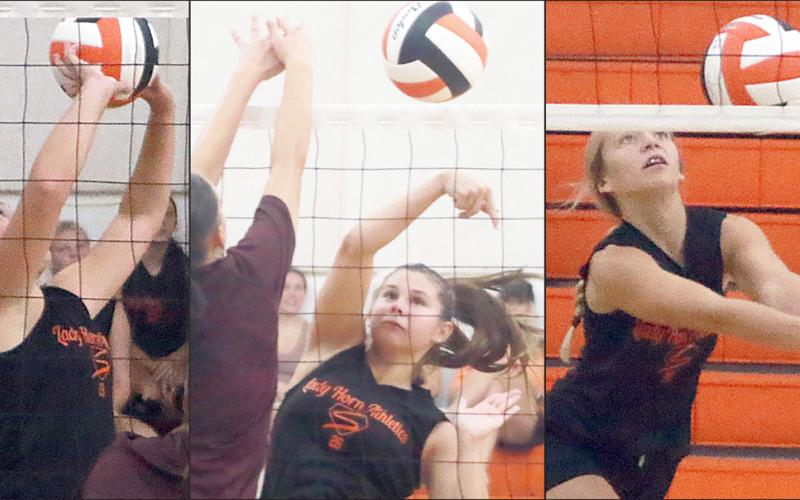 2024 ALL-STATERS (from left) Landry Zapalac, Haylee Vacek, and Michaela Kollmann return to lead this year’s Lady Horn volleyball team. Along with three other returners and three new faces to varsity, they got 2025 under way in four-team scrimmage held at SHS Gym. Sticker Photos By Darrell Vyvjala