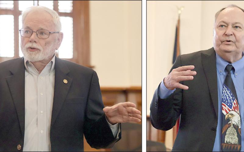 Fayette County Semiquincentennial Commission Chairman Larry Jackson (left) and Fayette County Judge Dan Mueller (right) speak at last week’s meeting to plan events for America’s 250th birthday. Photos By Melanie Berger / Courtesy of Flatonia Argus