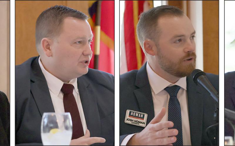 Candidates for Fayette County judge answer questions at last weekend’s forum – (from left) Michael Zweschper, Josh Vandever, Josh Homan, and William P. Bernsen. Photos By Melanie Berger / Courtesy of Flatonia Argus