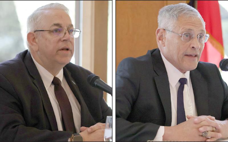 State representative candidates Stan Kitzman (left) and Dennis Geesaman (right) answer questions at Saturday’s forum. Photos By Melanie Berger / Courtesy of Flatonia Argus