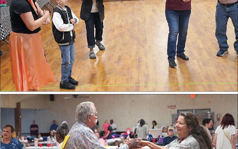 Some of those enjoying the “Happy Days Sock Hop” included (top photo, foreground from left) Kristi McBride, Kes McBride, Stephanie Shroyer, Cindy Ferguson and Johnny Fojtik; (bottom photo) Mac Schramek and Megan Horton in the foreground and Caroline Mitchell and Patricia Winkelman in the background.