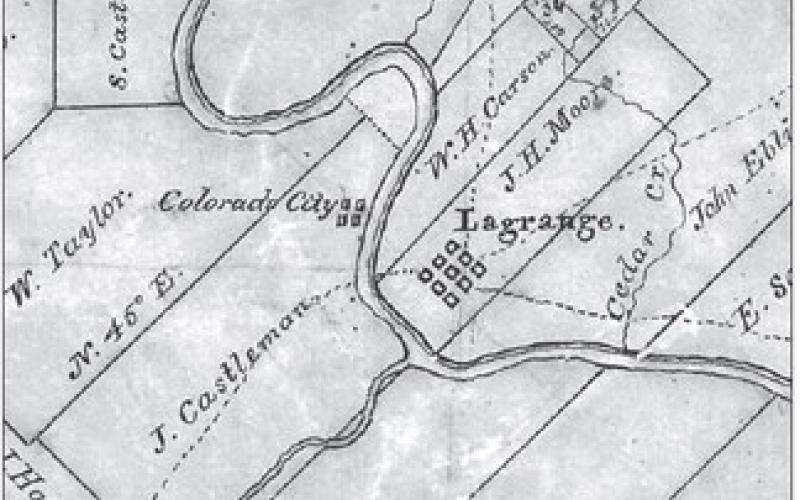 Detail showing the sites for both Colorado City and La Grange along the Colorado River on an 1840 map of Fayette County by W.H. Sandusky, Texas General Land Office draftsman [GLO #3539].