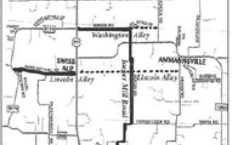 The former locations of Washington Alley and Lincoln Alley on this map are highlighted with darker horizontal lines. The darker vertical line indicates the location of the old Jaeger Mill Road.