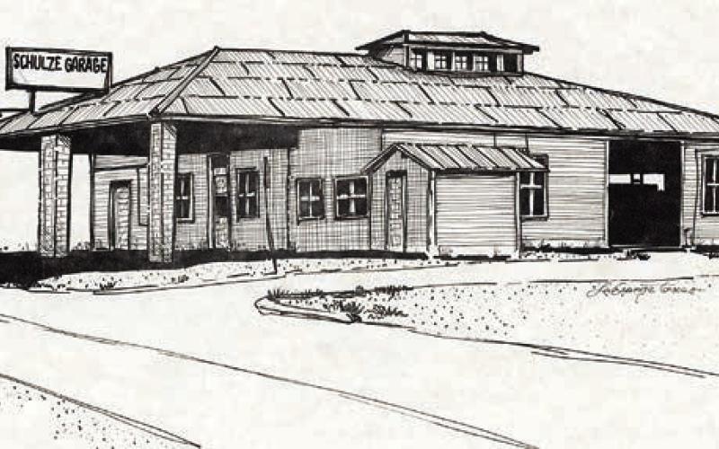 M. Shurl ey made his pen and ink drawing of the Schulze Garage in La Grange for a 1998 calendar produced by Hengst Printing &amp;amp; Office Supplies for its customers. – Courtesy of Fayette Heritage Museum &amp;amp; Archives