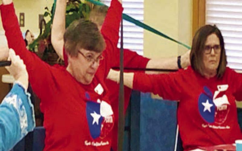 Working on upperarm strength are members Kathy Migl and Debbie Morrill.