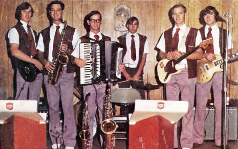 Red Ravens band – Photo from a 1975 album cover taken at the American Legion Hall in Hallettsville, From left: Tommy Hermes, Jodie Hermes, Eugene Mucala, John Matula, Lawrence Svetlik and Daniel Matula.