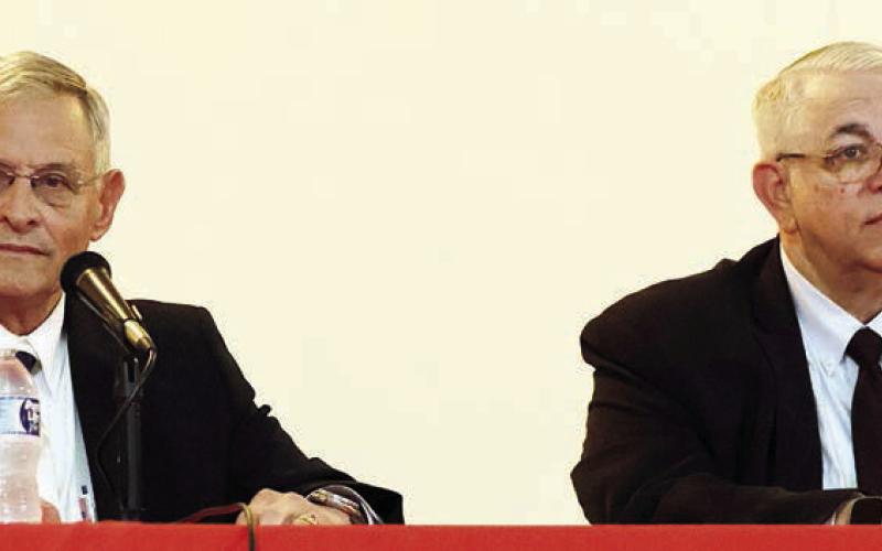State representative candidates Dennis Geesaman (left) and Stan Kitzman (right) answer questions at Saturday’s forum. Photo By Melanie Berger / Courtesy of Flatonia Argus