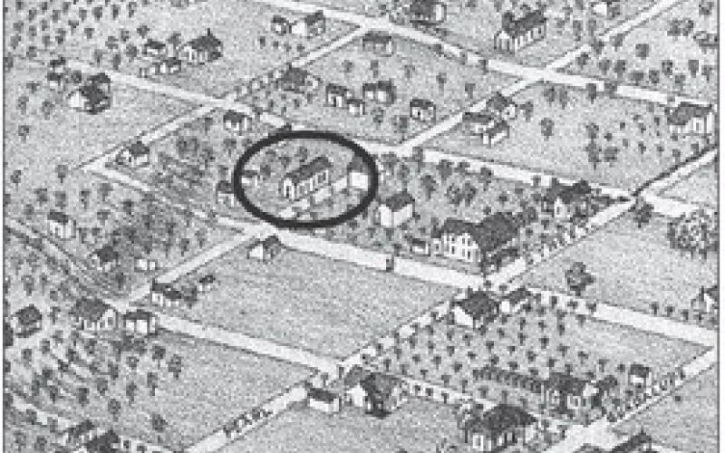 Detail from Augustus Koch’s 1880 Bird’s Eye View of La Grange showing the building believed to be the school on Camp Street where John G. Schermack taught African American students.
