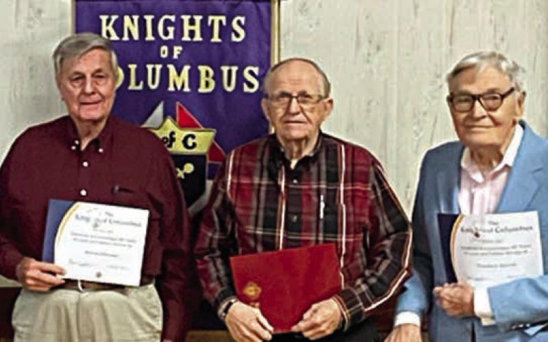 Membership pin presentation – (from left) Paul Zapalac, Council 2902 grand knight; Dennis Olsovsky, 50-year membership pin; Francis Ripper, 50-year membership pin; Ted Stanzel, 25-year membership pin; Rodney Kalich, Council 2902 financial secretary; (not shown) Bob Stryk, 50-year membership pin; and Sam Prihoda, 25-year membership pin.