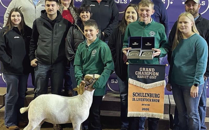 GOAT – Exhibitor: Hudson Holub (front, left). Sale price: $8,000. Sticker Photo By Darrell Vyvjala