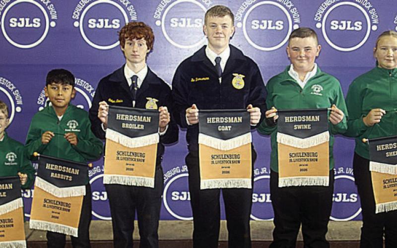 HERDSMAN AWARDS – From left: Rowdy Guenther, cattle; Frank Martinez, rabbits; Colton Lewis, broilers; Bo Brossmann, goats; Abraham McBride, swine; and Zoey Krenek, sheep. Winners kept their pens the cleanest throughout the show. Sticker Photo By Darrell Vyvjala