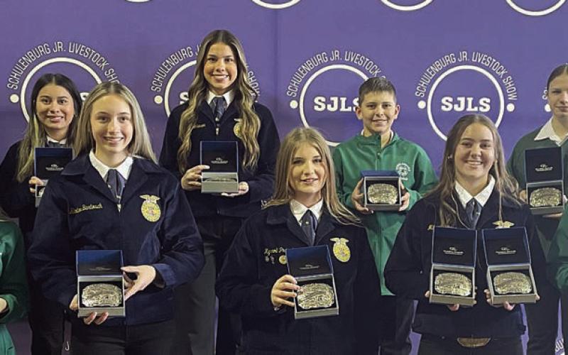 SHOWMANSHIP – Front, from left: Kylee Hoffmann, breeding does; Kimber Bartosch, breeding sheep; Kyrroll Prihoda, beef heifers; Mikayla Stang, dairy and steers; and Abe McBride, breeding swine. Back, from left: Holden Holub, sheep; Hayden Martinez, rabbits; Morgan Steinhauser, broilers; Hudson Holub, goats; and Olivia Hammack, swine. Sticker Photo By Darrell Vyvjala