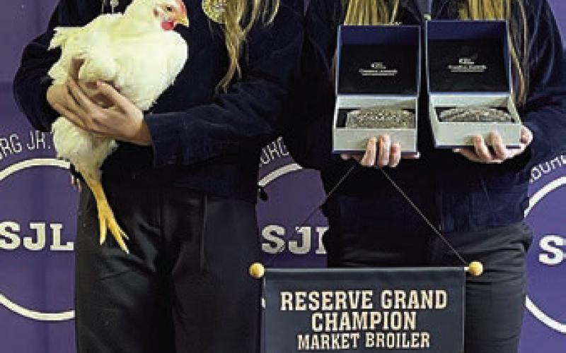 RESERVE CHAMPION MARKET BROILERS – Exhibitor: Morgan Steinhauser (left). Sale Price: $6,300. Sticker Photo By Darrell Vyvjala