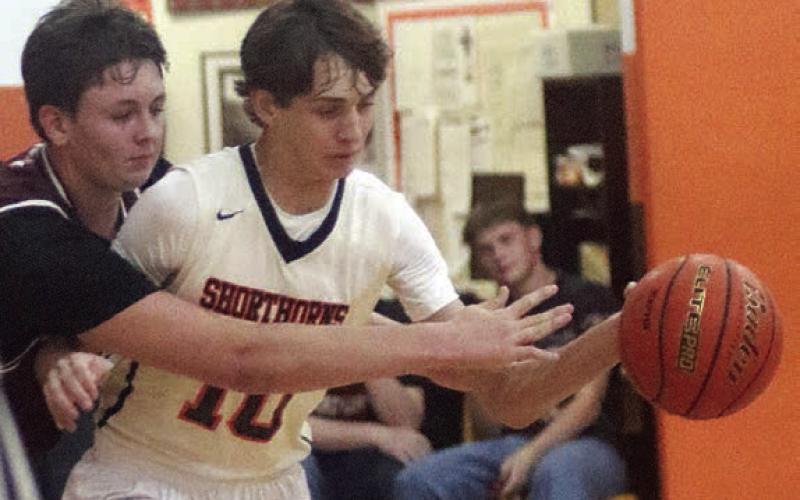 Adam Schramek steps in front of an Indian for a steal in the second quarter. Sticker Photo By Darrell Vyvjala