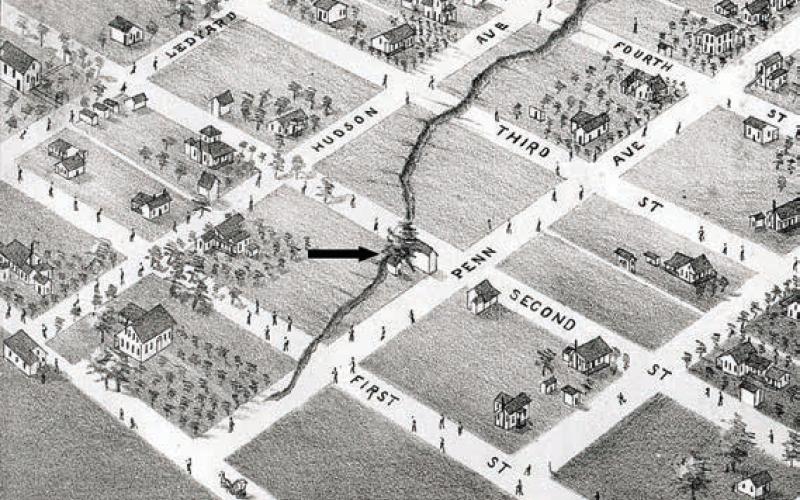 Alth ough shutt ered by 1881 whenAugustus Koch drew this Bird’s-Eye View of Flatonia, the arrow marks the approximate location of the former Flato-Amsler Brewery. The tree on this corner has now grown to enormous size. Was it due to extra nutrients in the soil from spillage of yeast and hops?