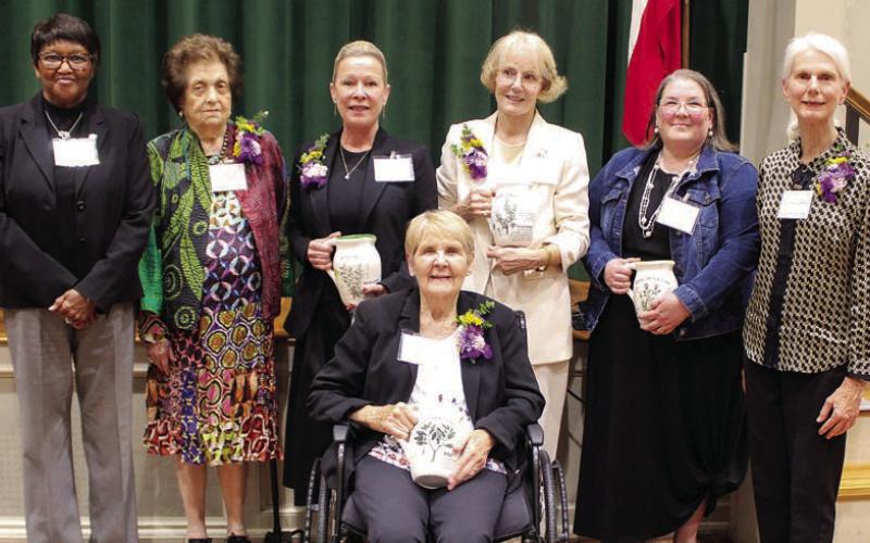 Honored at the League of Women Voters of South Central Texas “Women Making History” event were: (front) Alice Berry of Columbus – Initiative; (standing, from left) La Grange Mayor Jan Dockery, Dr. Mary Fanett Wheeler of Cuero – Steadfastness, Tammy Collins of Flatonia – Vision, Ellen Ashby Kennard (niece of Mary Bristow Willeford of Flatonia – Heritage), Christi Opiela of Hallettsville – Determination, and Connie Shortes of La Grange – Courage.