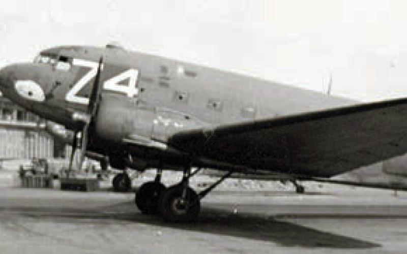 A World War II-era Douglas C-47 Skytrain, the military version of the DC-3 airliner. Courtesy of Fayette Heritage Museum &amp; Archives
