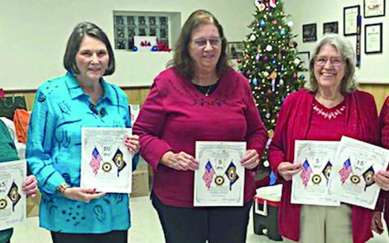 AUXILIARY SERVICE AWARDS – Auxiliary Unit 143 awards for years of service, presented in five-year intervals, went to (from left) Josephine Krupala, 45 years:; receiving for Christina Marty, 20 years, is her mother Patricia Marty; Margaret Bartosch, 5 years; Peggy Fish, 15 years; and receiving for Christine Armstrong, 5 years, is her mother Peggy Fish. Presenting the awards was Patricia Hranicky (right), Auxiliary president.