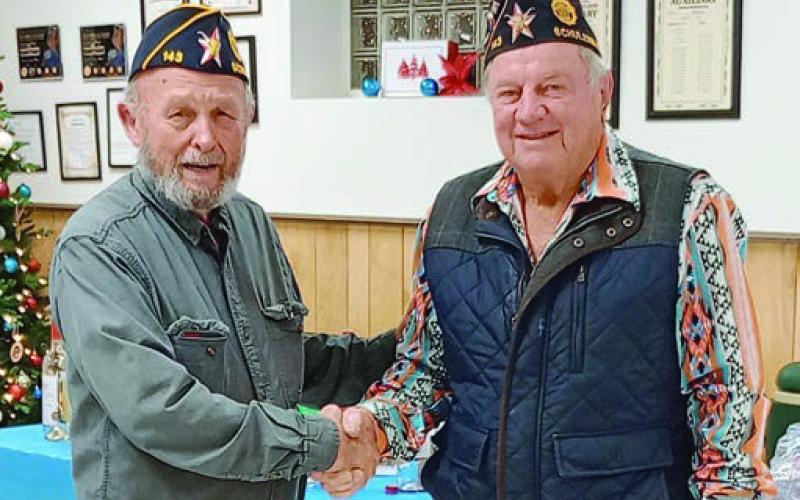 New member awards – Recognized as a new member joining Post 143 in 2025 was John Soos (left), congratulated by commander Bob Heinrich (right). Other new members not in attendance were Ranney Mc-Donnough, Wilbert Cernosek, David Lanquette and Jerome Kolensovsky.