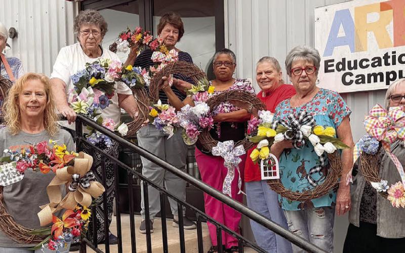 April at Artful Fridays reflects the season of spring as Sheryl Tumis teaches a floral design workshop. Her students created these lovely wreaths just in time for Easter. Shown are (from left) Mary Ann Jurica, Jody Driskell, Leona Lange, Delores Bittner, Janice Collins, Annette Jasek, Sheryl Tumis and Kathy Carpenter. Thanks go to Arts for Rural Texas for its partnership!