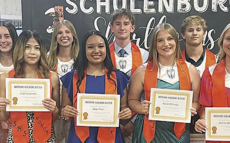 HONOR GRADS - Front row, from left: Shalanie Olvera, Reagan Dusek, Jailyn Guerrero, Daysi Rico, Kyrroll Prihoda, Keeley Warnken and Landry Zapalac. Back row, from left: Kenna Oliver, Clara Magliolo, Jamison Bennett, Emerson Harvey and Jayse Janda. Not shown: Scott Bass. – Sticker Photo By Darrell Vyvjala