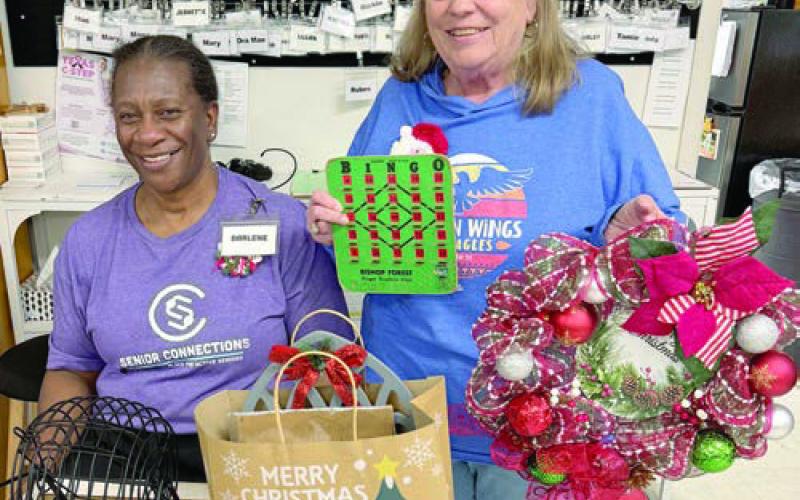 The grand prize winner in Schulenburg for the bingo game was Annette Jasek (right). Not only did she win the blackout prize, a beautiful wreath made by Martha Beckmann, but she also won a bag of holiday goodies for the big picture frame, too. Darlene Williams (left) called the game.