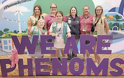 Attendees at the 2023 National Girl Scout Convention, Phenom by Girl Scouts and National Bridging Ceremony were Girl Scouts and leaders from Fayette County – (front row, from left) Lillie Jackson, McKynzie Payne, (back row) Toree Bohlmann, Kindell Church, Kristi Jackson, Bridget Hrachovy and Heaven Hrachovy.