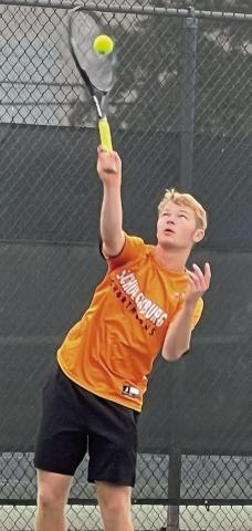 Shorthorn junior Caden Herzik serves at the state tournament last week.