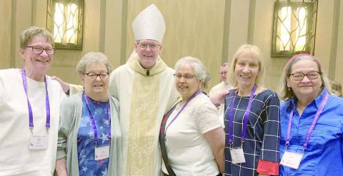 Among tho se att ending the CDA state convention were (from left) Berni Gillings, convention choir member and Court St. Rose member; Kathy Bertsch, Court St. Rose member; Bishop Brendan Cahill of the Victoria Diocese, CDA state chaplain; Rosa Galipp, District 11 deputy; Phyllis Venghaus, Court St. Rose vice regent; and Cynthia Kosler, Court St. Rose member.