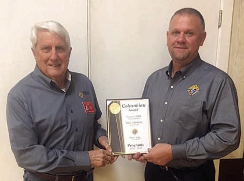 Council 2902 Grand Knight Paul Zapalac (right) accepts the Colmubian award from District 190 Deputy Jack Muggli (left).