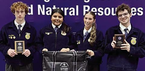 FaRm BuSineSS managemenT Team of (from left) Cody Lewis, Shalanie Olvera, Gracie Burton and  Scott Bass placed third overall. Cody Lewis was second high individual and Scott Bass was fourth high individual.