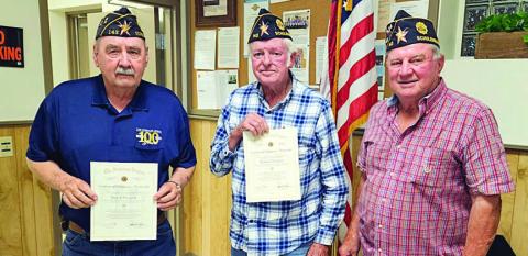 50-year Legion membership certificates Emil Pauler (left) and Dannie Tajchman (center) received 50-year membership certificates from Schulenburg American Legion McBride Post 143 at the monthly meeting on Tuesday, April 4. Making the presentation was Post 143 commander Bob Heinrich (right). A 50-year membership certificate also went to Daniel Kutac (not shown).