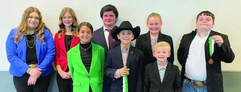 Public Speaking Contestants – (from left) Rheagan Karisch, Sawyer Mau, Adalyn Carrales, Logan Poncik, Crockett Guenther, Julia Melton, Joseph Carrales and Rilan Karisch. Guenther is a member of the Schulenburg 4-H.