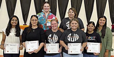 Schulenburg ISD Teacher Grant Recipients – (front row, from left) Jasmeen Modi, Adina Barnett, Carol Hargadine, Macey Thompson, Cristina Moreno; (back row) Kristen Graeter Holub and Melissa Adcox. Representing Stanzel Family Foundation, program director Melanie Ramirez (front right).