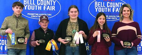 The first place team in the junior division at the Bell County Livestock Judging Contest was the Fayette County 4-H Junior Maroon Team of (from left) Kullen Kutac, Abraham McBride, Rheagan Karisch, Alexis Berckenhoff and coach Kaci Carrales.