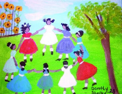 Primitive folk art by Dorothy Shelby includes the piece “Girls Playing” above and multiple examples at right.