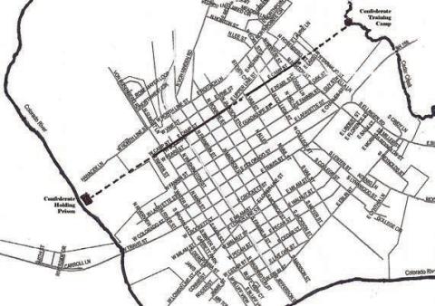 Map of La Grange showing Camp Street and the road that connected the Confederate prison camp on the Colorado River and the Campground Spring pool on Cedar Creek during the Civil War era.