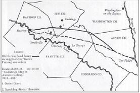 This map uses the Gotier spelling, instead of Gotcher, and is courtesy of Kenneth Kesselus. It appears on page 77 of his book, Bastrop County Before Statehood.