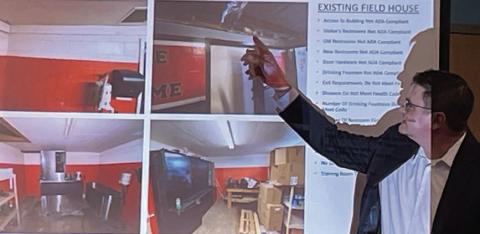 Brandon Rabe points out issues with the field house during the public meeting on SISD facilities needs last week. Sticker Photo By Darrell Vyvjala
