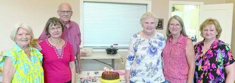 Birth day celebrants – (from left) Betty Danner, Phyllis Teykl, Tom Teykl, Georgia Vyvial, Vera Wehring and Carolyn Surface.