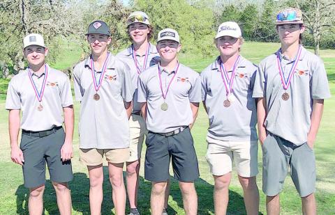 Shorthorn golfers, shown with their third-place medals, are: (from left) Jackson Faith, Van Prihoda, Jayse Janda, Reid Janda, Brycen Schramek, and Brant Redman.