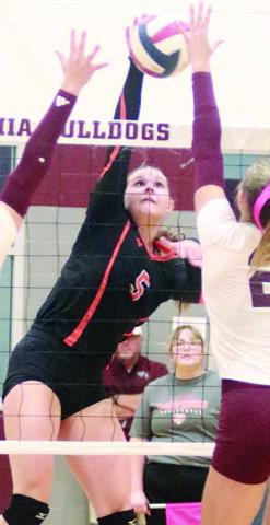 Haylee Vacek sends down a kill in game one last Tuesday. Sticker Photo By Darrell Vyvjala