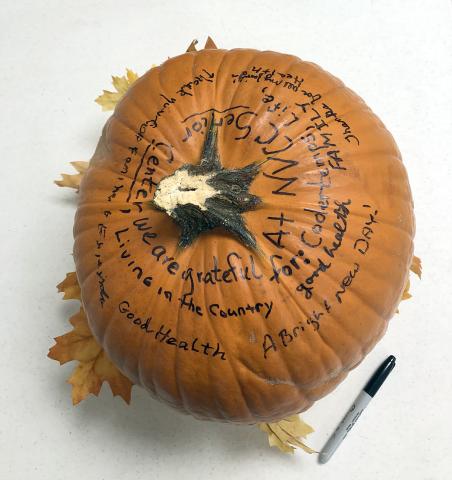 “Gratitude Pumpkin” at  NVCC contains messages of gratitude written by members. The inscriptions will continue through Nov. 20.