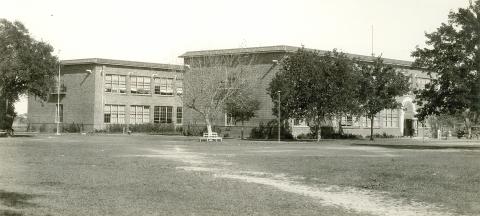 There’s no photo of the field; however, softball was first played on the lighted football field located on the west side of La Grange High School, pictured here in the 1930s. Photo Courtesy of Fayette Heritage Museum & Archives