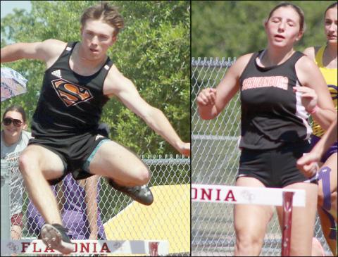 Nick Goode (left) and Jordin Davis (right) hurdle their way to regional in the 300-meter event last Thursday. Sticker Photos By Darrell Vyvjala