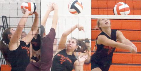 2024 ALL-STATERS (from left) Landry Zapalac, Haylee Vacek, and Michaela Kollmann return to lead this year’s Lady Horn volleyball team. Along with three other returners and three new faces to varsity, they got 2025 under way in four-team scrimmage held at SHS Gym. Sticker Photos By Darrell Vyvjala