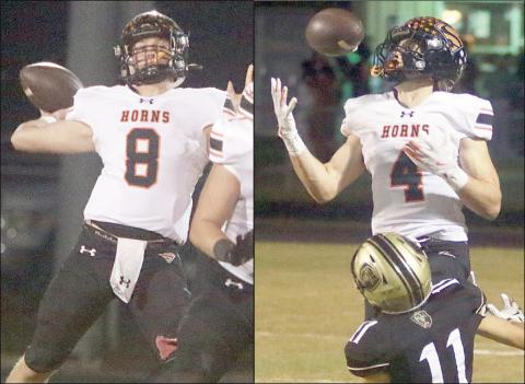 Owen Brenek (left) launches a deep throw in the third quarter to Jayse Janda (right), who makes a juggling catch before completing the 46-yard touchdown reception. Sticker Photos By Darrell Vyvjala