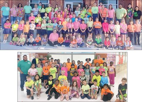 The “Neon Lights : Illuminating Young Minds” theme was highlighted as students and staff at St. Rose of Lima Catholic School (top photo) and Schulenburg Elementary (bottom photo) wore bright neon-colored clothing. Students at Weimar Elementary and St. Michael Catholic School in Weimar also participated by wearing bright colors.